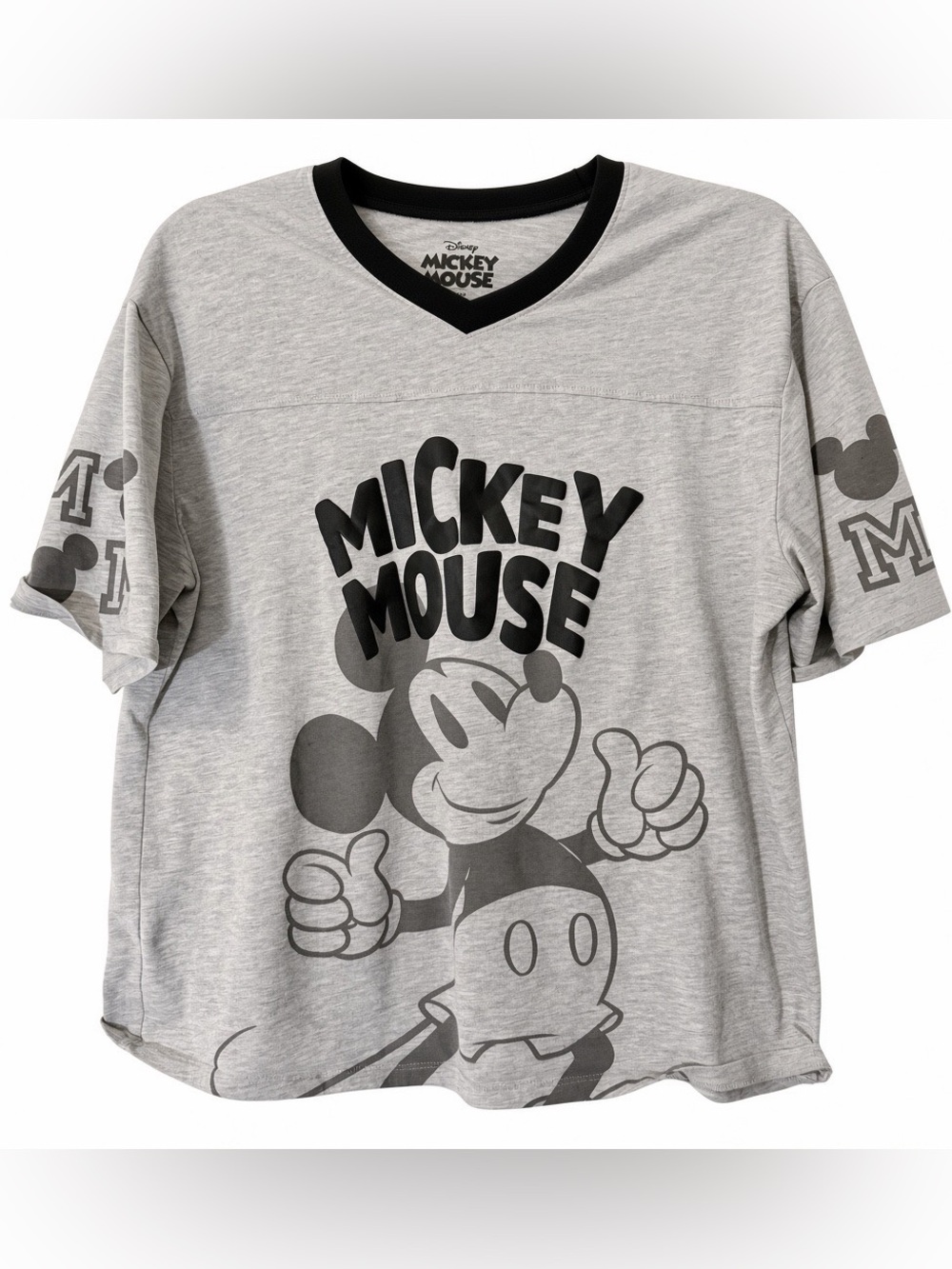 Disney Mickey Mouse Womens M Gray V Neck Graphic Tee Varsity Short Sleeve Shirt